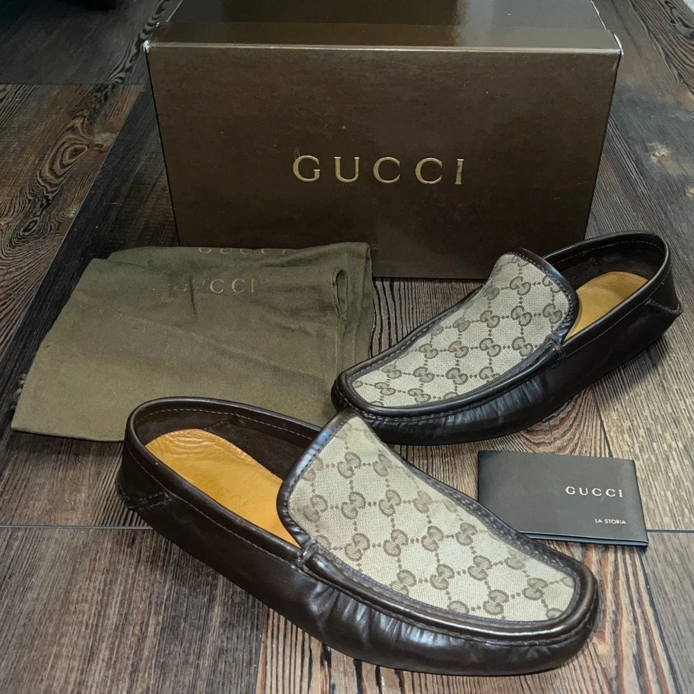 Gucci Mens Florence GG Monogram Driver Loafers Cocoa Brown Leather 153991 Size 9
